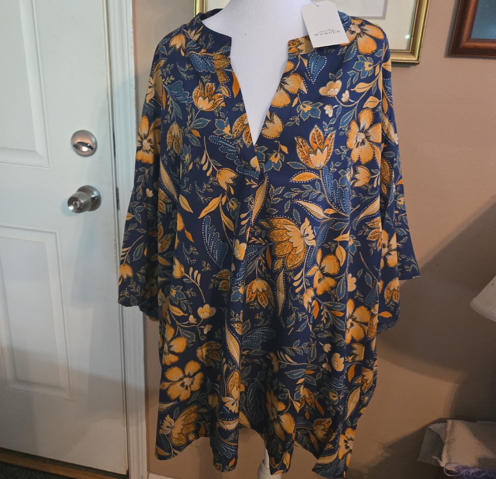 Women's Navy and Mustard Floral Tunic Blouse